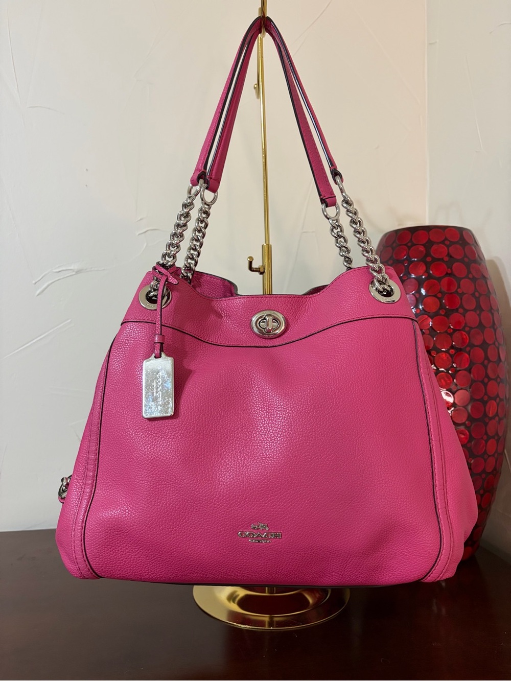 Coach Pink Pebbled Leather Turnlock Edie Shoulder Bag